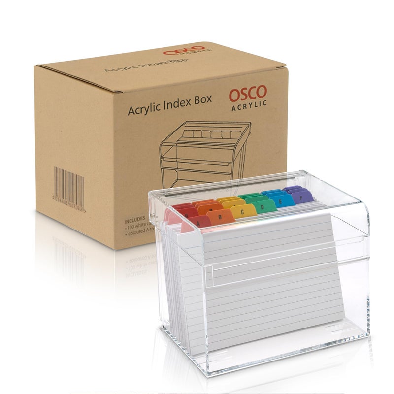 OSCO Clear Acrylic Index Box | Small | A to Z Divider Tabs | 100 Lined Note Sheets Included (5" X 3") | Ruled Revision Flash Cards | Recipe Notes | Contacts Filing | Fits 127 x 76 mm - Image 5